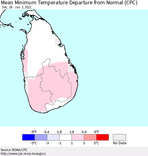 Sri Lanka Mean Minimum Temperature Departure from Normal (CPC) Thematic Map For 12/28/2020 - 1/3/2021