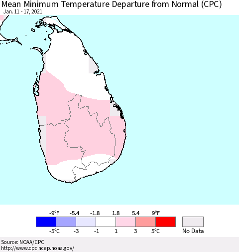 Sri Lanka Mean Minimum Temperature Departure from Normal (CPC) Thematic Map For 1/11/2021 - 1/17/2021