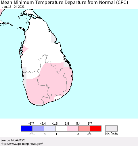 Sri Lanka Minimum Temperature Departure From Normal (CPC) Thematic Map For 1/18/2021 - 1/24/2021