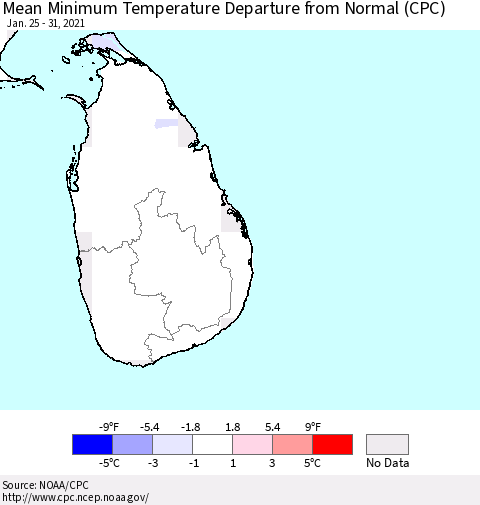 Sri Lanka Minimum Temperature Departure From Normal (CPC) Thematic Map For 1/25/2021 - 1/31/2021