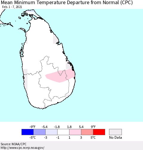 Sri Lanka Minimum Temperature Departure From Normal (CPC) Thematic Map For 2/1/2021 - 2/7/2021