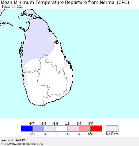 Sri Lanka Minimum Temperature Departure From Normal (CPC) Thematic Map For 2/8/2021 - 2/14/2021