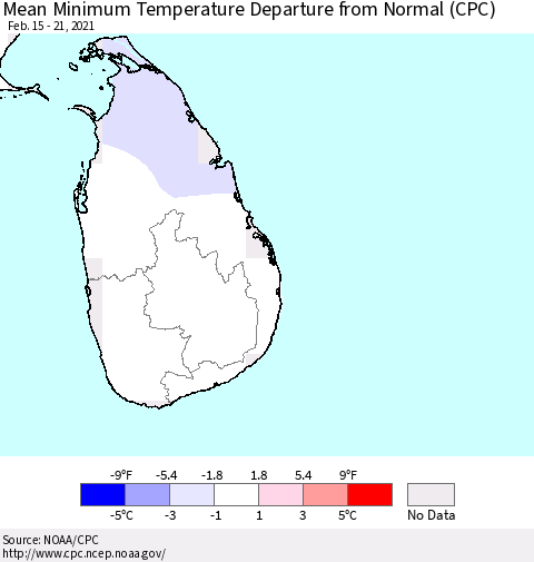 Sri Lanka Mean Minimum Temperature Departure from Normal (CPC) Thematic Map For 2/15/2021 - 2/21/2021