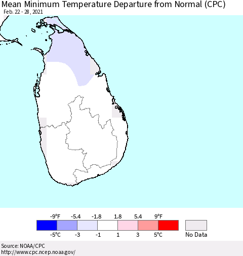 Sri Lanka Mean Minimum Temperature Departure from Normal (CPC) Thematic Map For 2/22/2021 - 2/28/2021