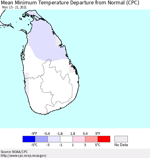 Sri Lanka Mean Minimum Temperature Departure from Normal (CPC) Thematic Map For 3/15/2021 - 3/21/2021
