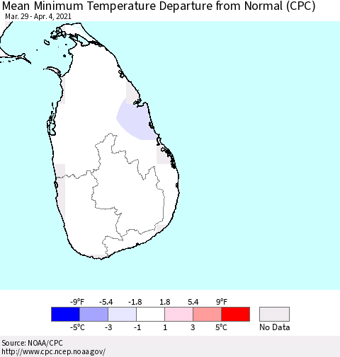 Sri Lanka Mean Minimum Temperature Departure from Normal (CPC) Thematic Map For 3/29/2021 - 4/4/2021