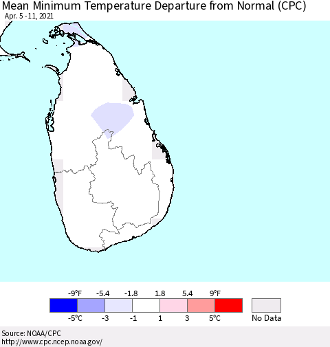 Sri Lanka Minimum Temperature Departure From Normal (CPC) Thematic Map For 4/5/2021 - 4/11/2021