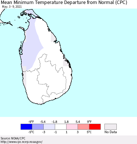 Sri Lanka Mean Minimum Temperature Departure from Normal (CPC) Thematic Map For 5/3/2021 - 5/9/2021