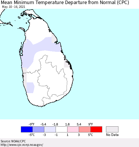 Sri Lanka Mean Minimum Temperature Departure from Normal (CPC) Thematic Map For 5/10/2021 - 5/16/2021