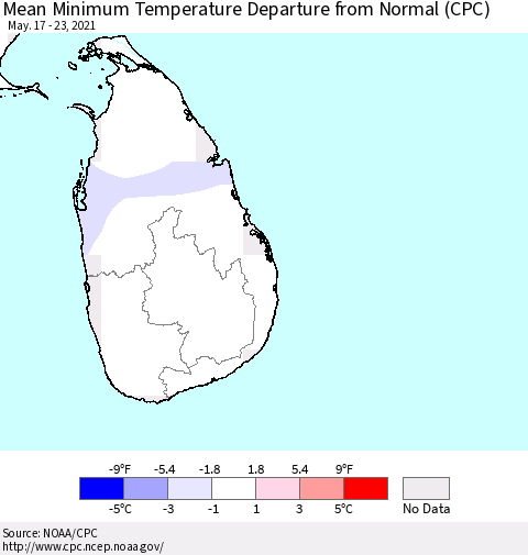 Sri Lanka Mean Minimum Temperature Departure from Normal (CPC) Thematic Map For 5/17/2021 - 5/23/2021