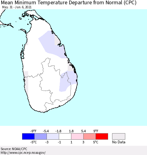 Sri Lanka Minimum Temperature Departure From Normal (CPC) Thematic Map For 5/31/2021 - 6/6/2021