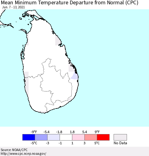 Sri Lanka Minimum Temperature Departure from Normal (CPC) Thematic Map For 6/7/2021 - 6/13/2021