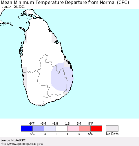 Sri Lanka Minimum Temperature Departure from Normal (CPC) Thematic Map For 6/14/2021 - 6/20/2021
