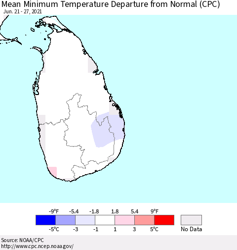 Sri Lanka Mean Minimum Temperature Departure from Normal (CPC) Thematic Map For 6/21/2021 - 6/27/2021