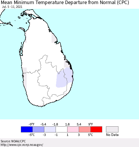 Sri Lanka Minimum Temperature Departure from Normal (CPC) Thematic Map For 7/5/2021 - 7/11/2021