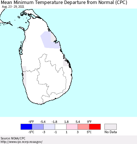 Sri Lanka Mean Minimum Temperature Departure from Normal (CPC) Thematic Map For 8/23/2021 - 8/29/2021