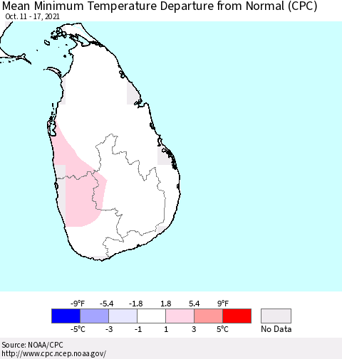 Sri Lanka Minimum Temperature Departure From Normal (CPC) Thematic Map For 10/11/2021 - 10/17/2021
