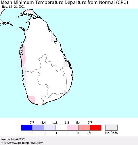 Sri Lanka Minimum Temperature Departure From Normal (CPC) Thematic Map For 11/15/2021 - 11/21/2021