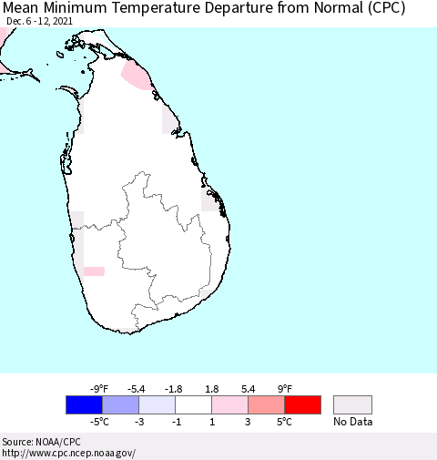 Sri Lanka Mean Minimum Temperature Departure from Normal (CPC) Thematic Map For 12/6/2021 - 12/12/2021