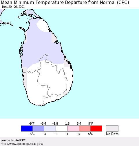 Sri Lanka Minimum Temperature Departure from Normal (CPC) Thematic Map For 12/20/2021 - 12/26/2021