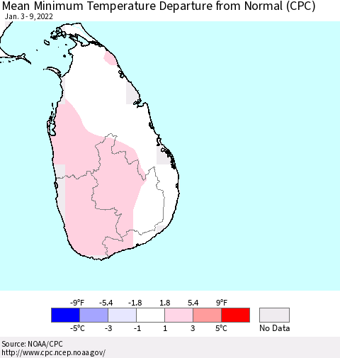 Sri Lanka Mean Minimum Temperature Departure from Normal (CPC) Thematic Map For 1/3/2022 - 1/9/2022
