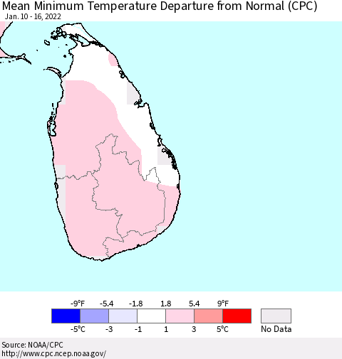 Sri Lanka Mean Minimum Temperature Departure from Normal (CPC) Thematic Map For 1/10/2022 - 1/16/2022