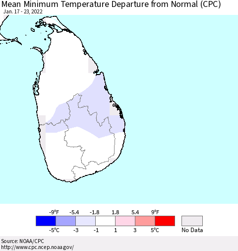 Sri Lanka Mean Minimum Temperature Departure from Normal (CPC) Thematic Map For 1/17/2022 - 1/23/2022