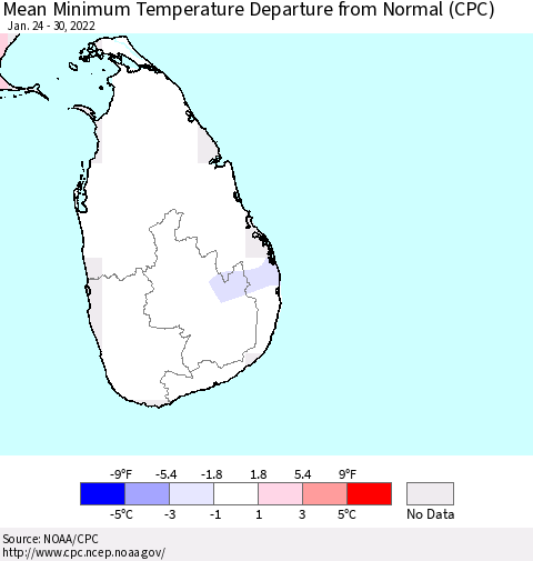 Sri Lanka Mean Minimum Temperature Departure from Normal (CPC) Thematic Map For 1/24/2022 - 1/30/2022