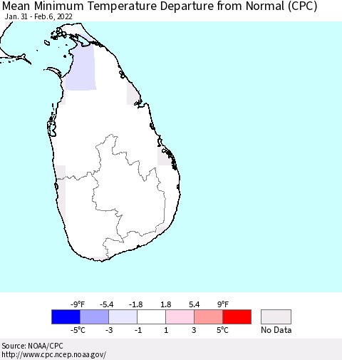 Sri Lanka Mean Minimum Temperature Departure from Normal (CPC) Thematic Map For 1/31/2022 - 2/6/2022