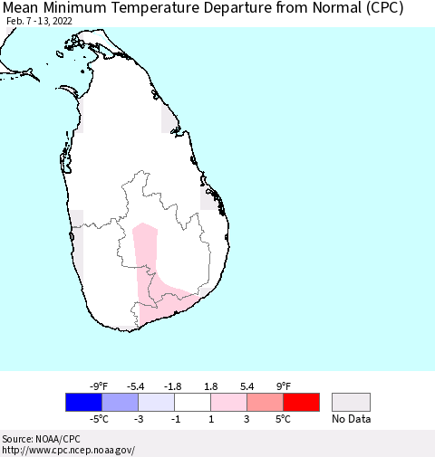 Sri Lanka Mean Minimum Temperature Departure from Normal (CPC) Thematic Map For 2/7/2022 - 2/13/2022
