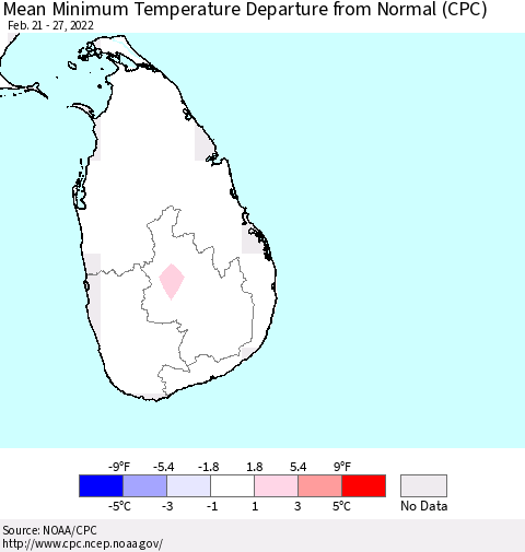 Sri Lanka Mean Minimum Temperature Departure from Normal (CPC) Thematic Map For 2/21/2022 - 2/27/2022