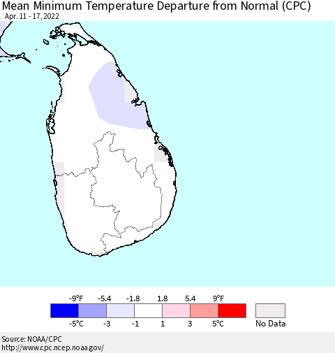 Sri Lanka Mean Minimum Temperature Departure from Normal (CPC) Thematic Map For 4/11/2022 - 4/17/2022