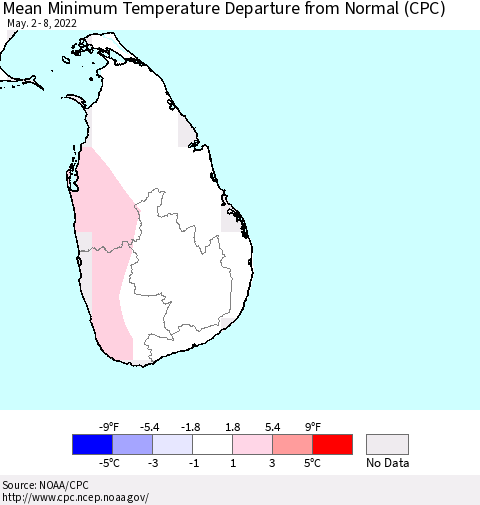 Sri Lanka Minimum Temperature Departure From Normal (CPC) Thematic Map For 5/2/2022 - 5/8/2022