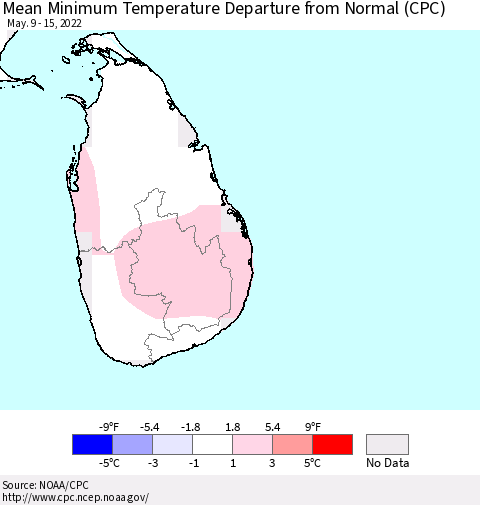 Sri Lanka Mean Minimum Temperature Departure from Normal (CPC) Thematic Map For 5/9/2022 - 5/15/2022