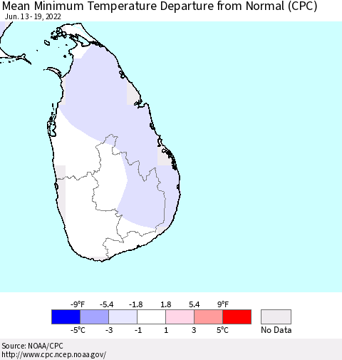 Sri Lanka Minimum Temperature Departure From Normal (CPC) Thematic Map For 6/13/2022 - 6/19/2022