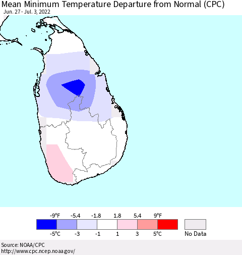 Sri Lanka Mean Minimum Temperature Departure from Normal (CPC) Thematic Map For 6/27/2022 - 7/3/2022