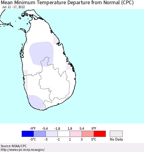Sri Lanka Mean Minimum Temperature Departure from Normal (CPC) Thematic Map For 7/11/2022 - 7/17/2022