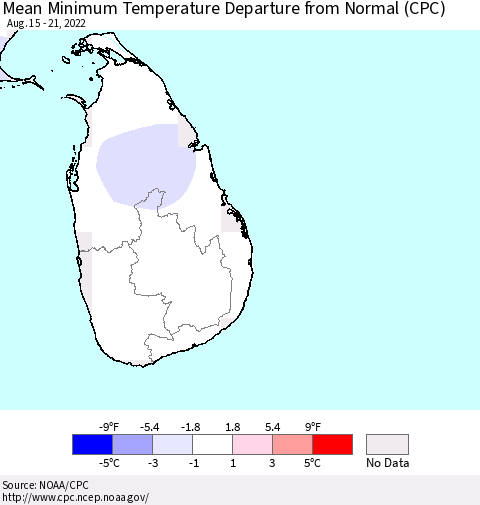 Sri Lanka Mean Minimum Temperature Departure from Normal (CPC) Thematic Map For 8/15/2022 - 8/21/2022