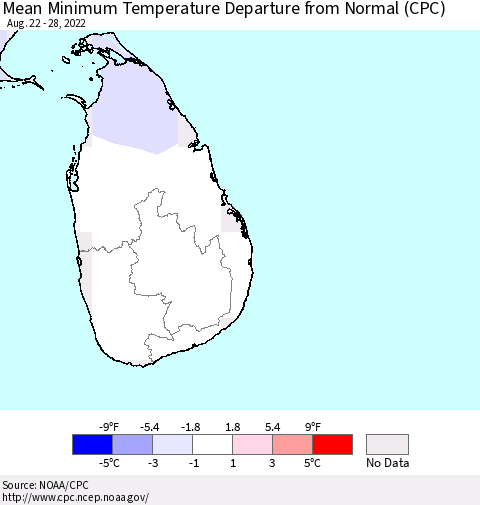 Sri Lanka Mean Minimum Temperature Departure from Normal (CPC) Thematic Map For 8/22/2022 - 8/28/2022