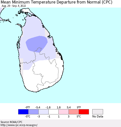 Sri Lanka Mean Minimum Temperature Departure from Normal (CPC) Thematic Map For 8/29/2022 - 9/4/2022