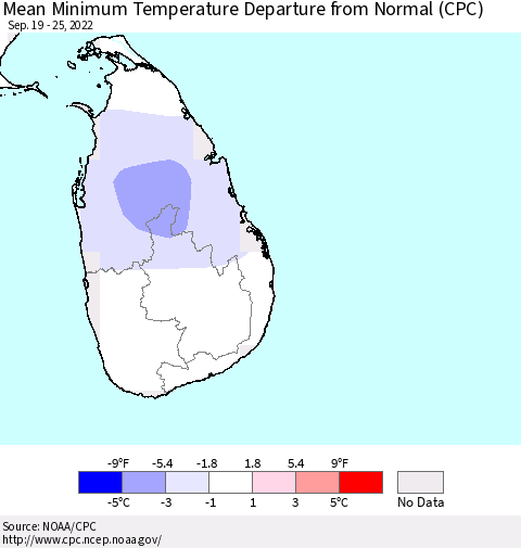 Sri Lanka Mean Minimum Temperature Departure from Normal (CPC) Thematic Map For 9/19/2022 - 9/25/2022