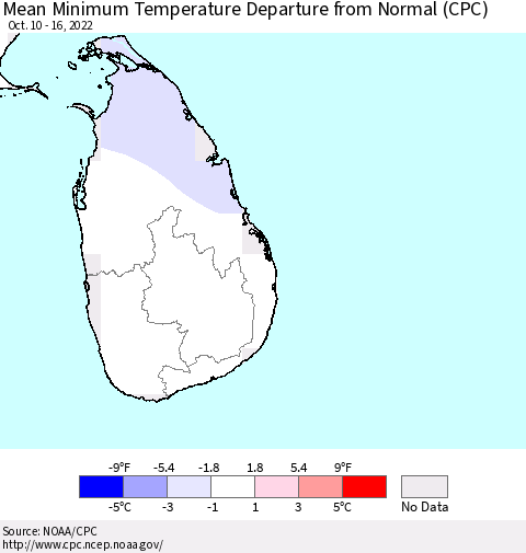 Sri Lanka Mean Minimum Temperature Departure from Normal (CPC) Thematic Map For 10/10/2022 - 10/16/2022
