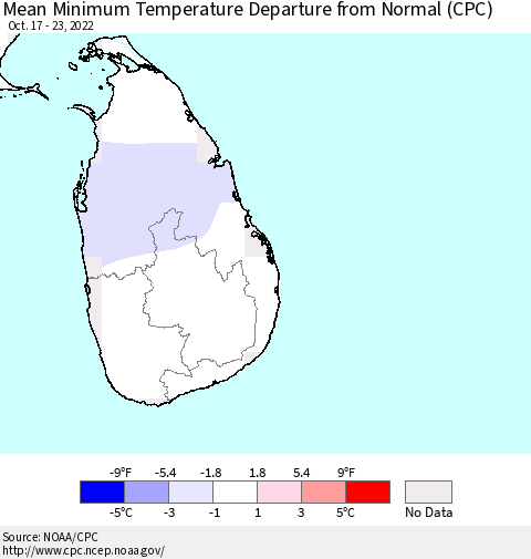 Sri Lanka Mean Minimum Temperature Departure from Normal (CPC) Thematic Map For 10/17/2022 - 10/23/2022