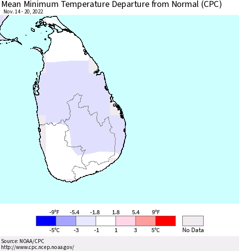 Sri Lanka Mean Minimum Temperature Departure from Normal (CPC) Thematic Map For 11/14/2022 - 11/20/2022