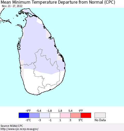 Sri Lanka Mean Minimum Temperature Departure from Normal (CPC) Thematic Map For 11/21/2022 - 11/27/2022