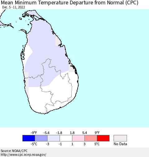 Sri Lanka Mean Minimum Temperature Departure from Normal (CPC) Thematic Map For 12/5/2022 - 12/11/2022