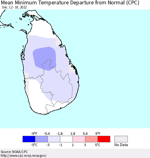 Sri Lanka Mean Minimum Temperature Departure from Normal (CPC) Thematic Map For 12/12/2022 - 12/18/2022