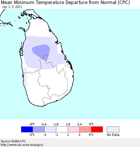 Sri Lanka Mean Minimum Temperature Departure from Normal (CPC) Thematic Map For 1/2/2023 - 1/8/2023