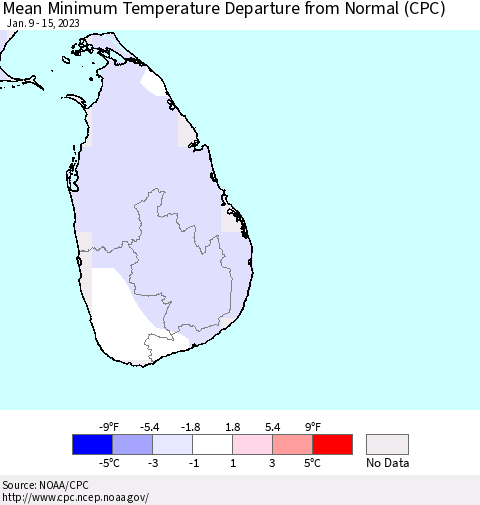 Sri Lanka Mean Minimum Temperature Departure from Normal (CPC) Thematic Map For 1/9/2023 - 1/15/2023