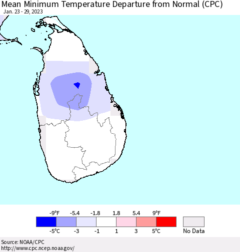 Sri Lanka Mean Minimum Temperature Departure from Normal (CPC) Thematic Map For 1/23/2023 - 1/29/2023